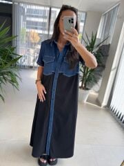 Dr 8254 Tasarım Mavi Denim Detaylı Gömlek Elbise