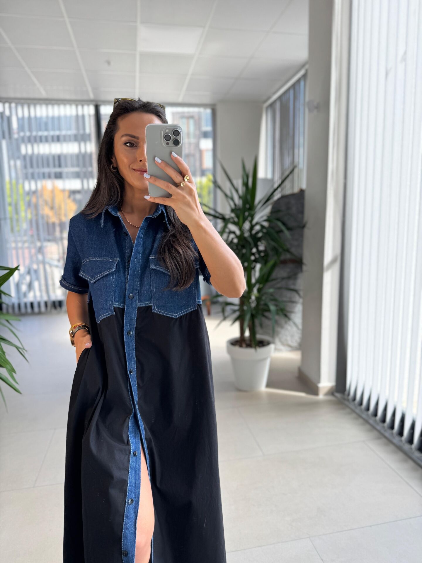 Dr 8254 Tasarım Mavi Denim Detaylı Gömlek Elbise