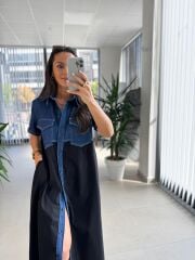 Dr 8254 Tasarım Mavi Denim Detaylı Gömlek Elbise