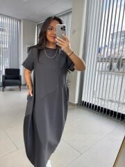 Dr 2597 Tasarım Antrasit Parça Dikişli Sweat Elbise