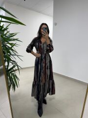 Ms 212 Kızıl-Siyah V Yaka Düğme Detaylı Gömlek Elbise