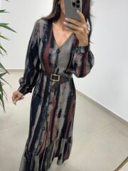 Ms 212 Kızıl-Siyah V Yaka Düğme Detaylı Gömlek Elbise