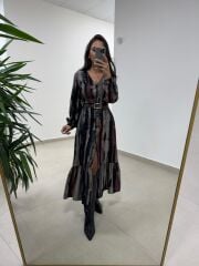 Ms 212 Kızıl-Siyah V Yaka Düğme Detaylı Gömlek Elbise