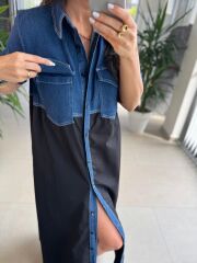 Dr 8254 Tasarım Mavi Denim Detaylı Gömlek Elbise