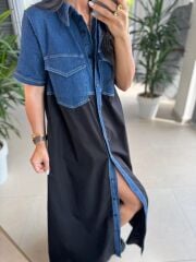 Dr 8254 Tasarım Mavi Denim Detaylı Gömlek Elbise