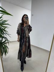 Ms 212 Kızıl-Siyah V Yaka Düğme Detaylı Gömlek Elbise