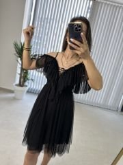 Siyah Tül Detaylı Elbise