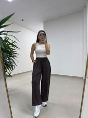 İv 0282 Paça Düğmeli Jakarlı Kahve Pantolon