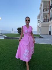 My 3776 Pembe Çiçekli Bağlamalı Elbise