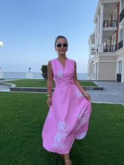 My 3776 Pembe Çiçekli Bağlamalı Elbise
