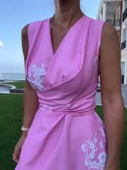 My 3776 Pembe Çiçekli Bağlamalı Elbise