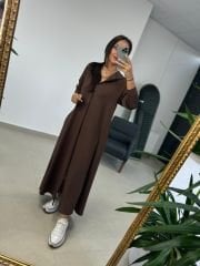 Dr 8137 Kahve Fermuarlı Kapüşonlu Modal Elbise
