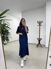 Bh 09512 Figür Detaylı Modal İndigo Midi Elbise