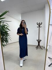 Bh 09512 Figür Detaylı Modal İndigo Midi Elbise