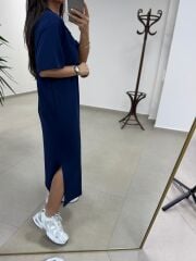 Bh 09512 Figür Detaylı Modal İndigo Midi Elbise