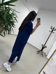 Bh 09512 Figür Detaylı Modal İndigo Midi Elbise