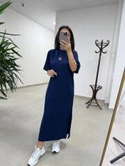 Bh 09512 Figür Detaylı Modal İndigo Midi Elbise