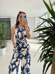 My 4020 Lacivert-Ekru Desenli Kuşaklı Tensel Tulum