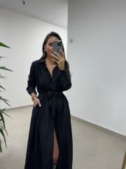 Dr 8528 Tasarım Kuşaklı Siyah Gömlek Elbise