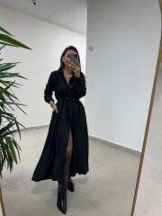 Dr 8528 Tasarım Kuşaklı Siyah Gömlek Elbise