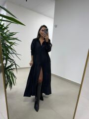 Dr 8528 Tasarım Kuşaklı Siyah Gömlek Elbise