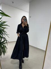 Dr 8528 Tasarım Kuşaklı Siyah Gömlek Elbise