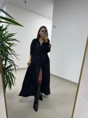 Dr 8528 Tasarım Kuşaklı Siyah Gömlek Elbise