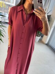 Cr 1005 Mürdüm Kısa Kol Gömlek Elbise