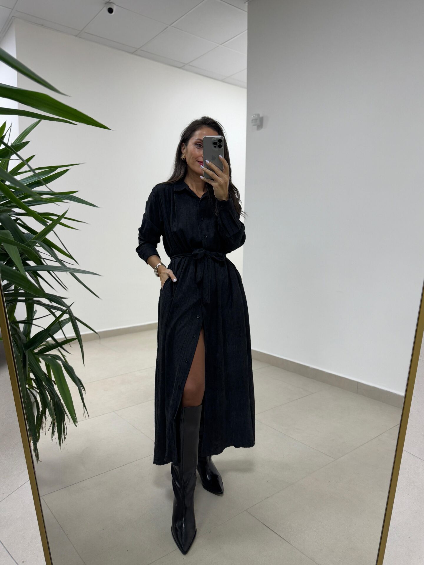 Dr 8528 Tasarım Kuşaklı Siyah Gömlek Elbise