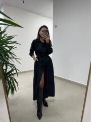 Dr 8528 Tasarım Kuşaklı Siyah Gömlek Elbise