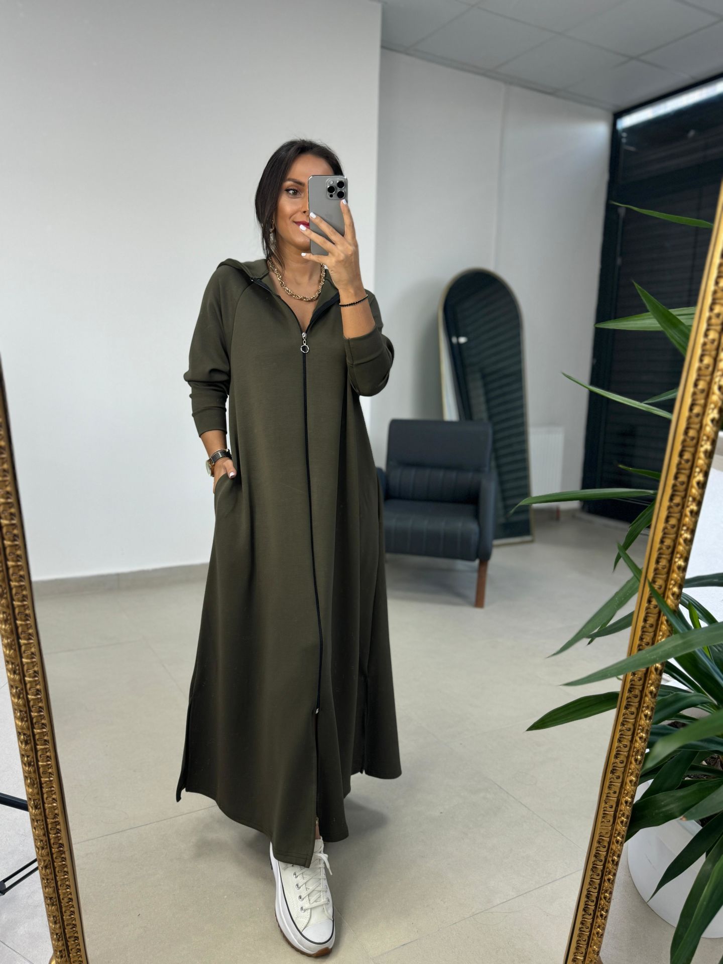 Dr 8137 Khaki Zippered Hooded Modal Dress