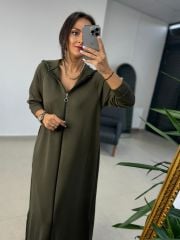 Dr 8137 Haki Fermuarlı Kapüşonlu Modal Elbise