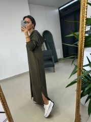 Dr 8137 Khaki Zippered Hooded Modal Dress