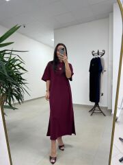 Bh 09512 Figür Detaylı Modal Bordo Midi Elbise