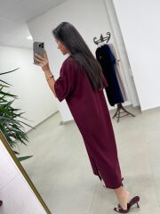 Bh 09512 Figür Detaylı Modal Bordo Midi Elbise