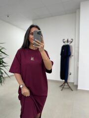 Bh 09512 Figür Detaylı Modal Bordo Midi Elbise