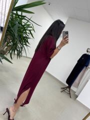 Bh 09512 Figür Detaylı Modal Bordo Midi Elbise