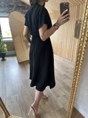 Ms Shoulder pleated black linen dress