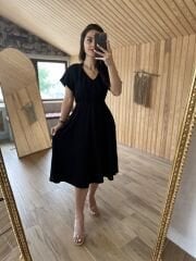 Ms Shoulder pleated black linen dress