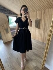 Ms Shoulder pleated black linen dress