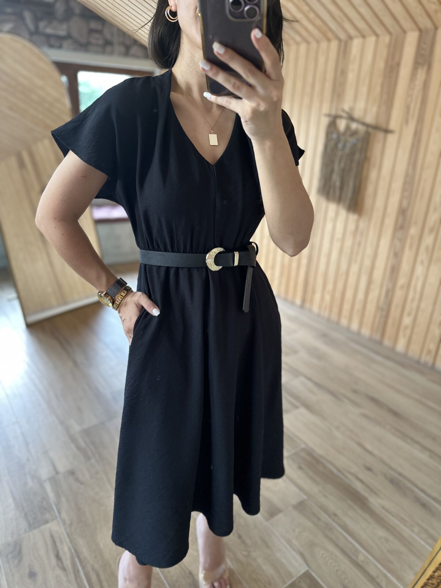 Ms Shoulder pleated black linen dress