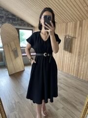 Ms Shoulder pleated black linen dress