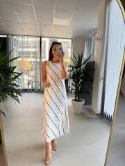 Bb 30108 Kırmızı-Laci Çizgili Keten Elbise