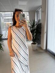 Bb 30108 Kırmızı-Laci Çizgili Keten Elbise