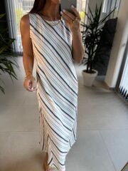 Bb 30108 Kırmızı-Laci Çizgili Keten Elbise