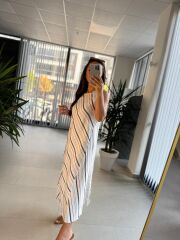 Bb 30108 Kırmızı-Laci Çizgili Keten Elbise