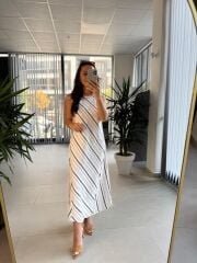 Bb 30108 Kırmızı-Laci Çizgili Keten Elbise