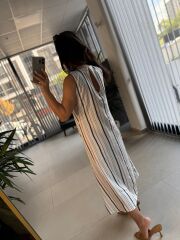 Bb 30108 Kırmızı-Laci Çizgili Keten Elbise