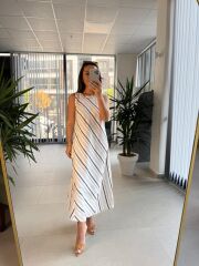 Bb 30108 Kırmızı-Laci Çizgili Keten Elbise