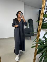 Dr 8137 Gri Fermuarlı Kapüşonlu Modal Elbise